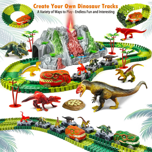 Dinosaur Track Set with Volcano and Train Cars, Age 3+