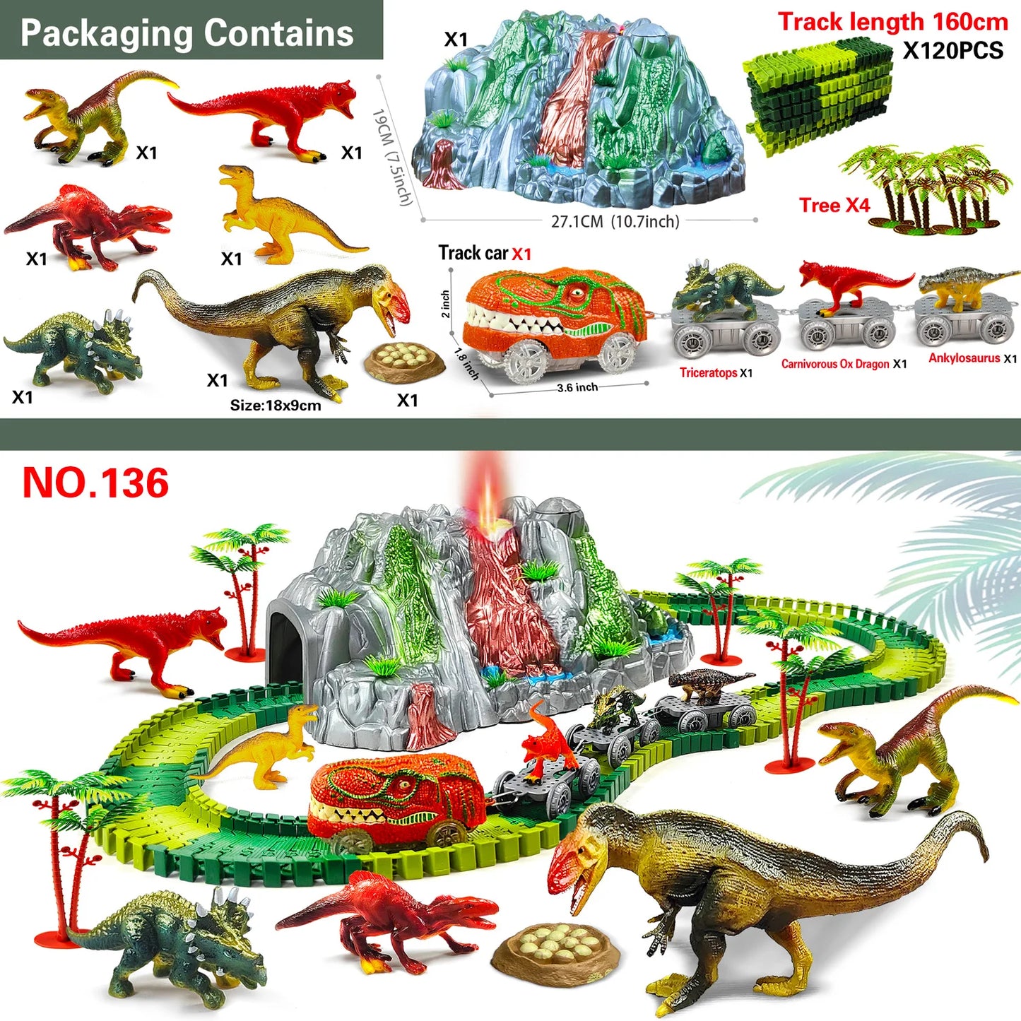 Dinosaur Track Set with Volcano and Train Cars, Age 3+