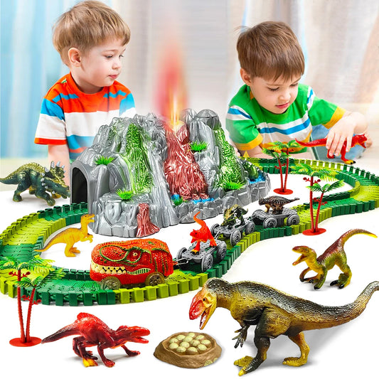 Dinosaur Track Set with Volcano and Train Cars, Age 3+