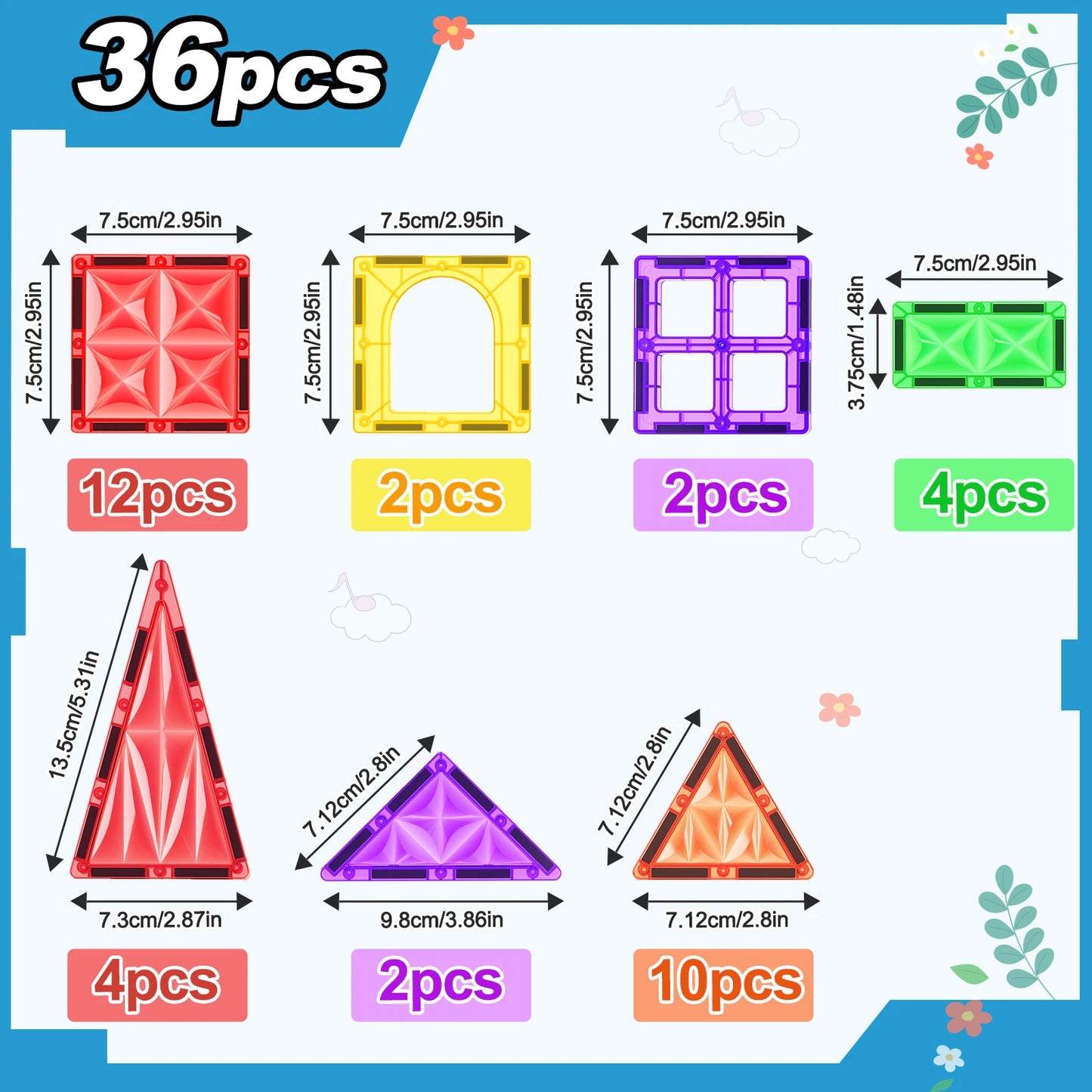 36pcs Magnetic Tile Toy, Ages 3+