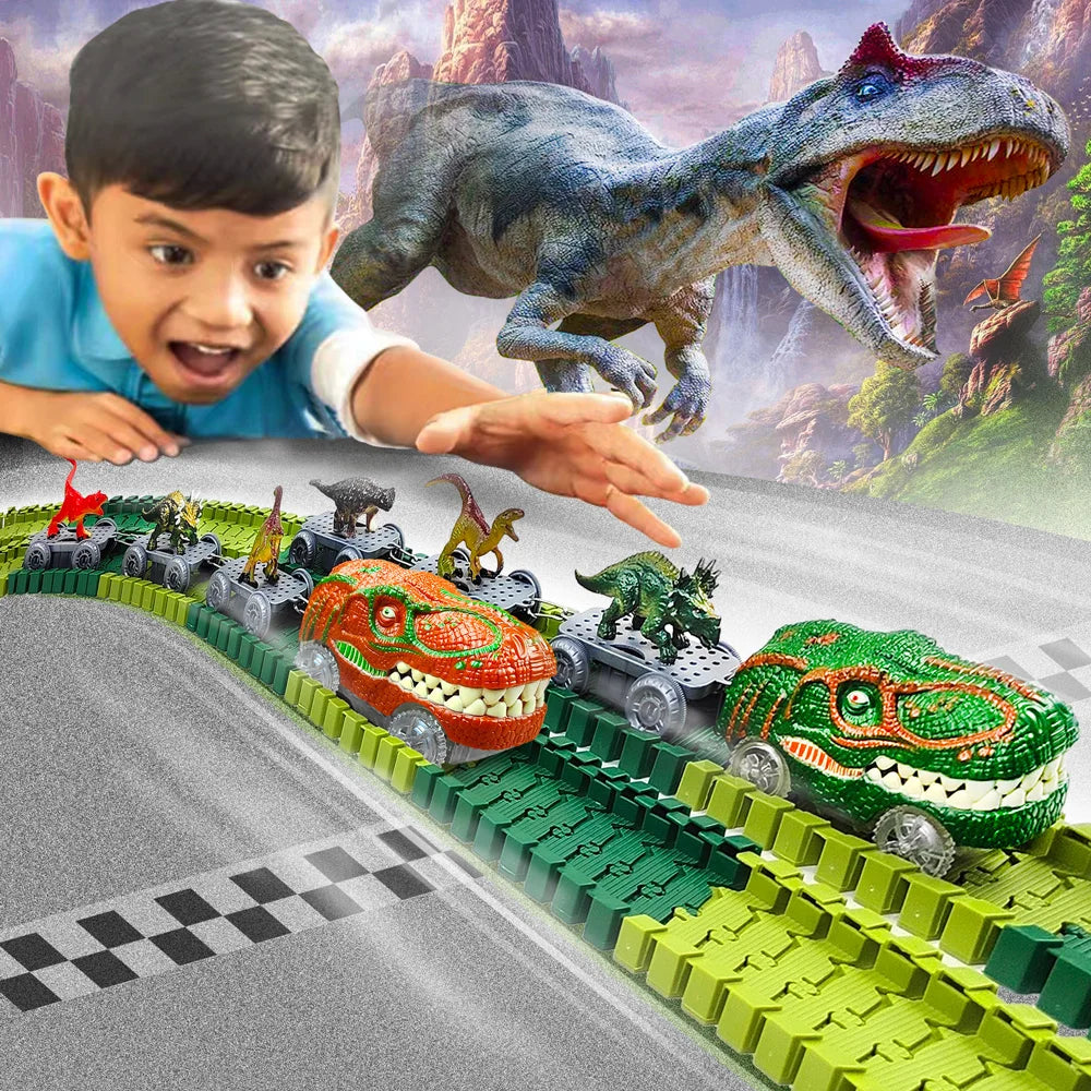Dinosaur Track Set with Volcano and Train Cars, Age 3+